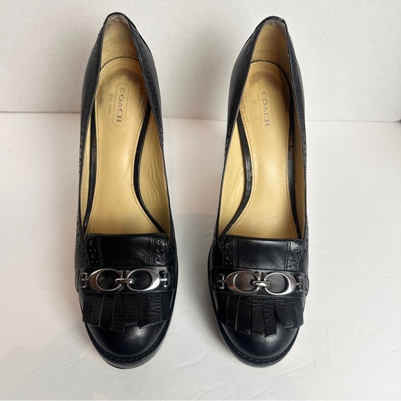 Coach Lynne Black Leather Platform Pumps Heels Size 9.5 Stacked Heel Fringe - Picture 5 of 16
